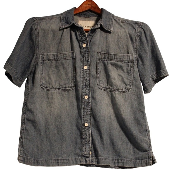 Lola River Denim Top Short Sleeve Button Down Shirt Small Pockets - Picture 1 of 3